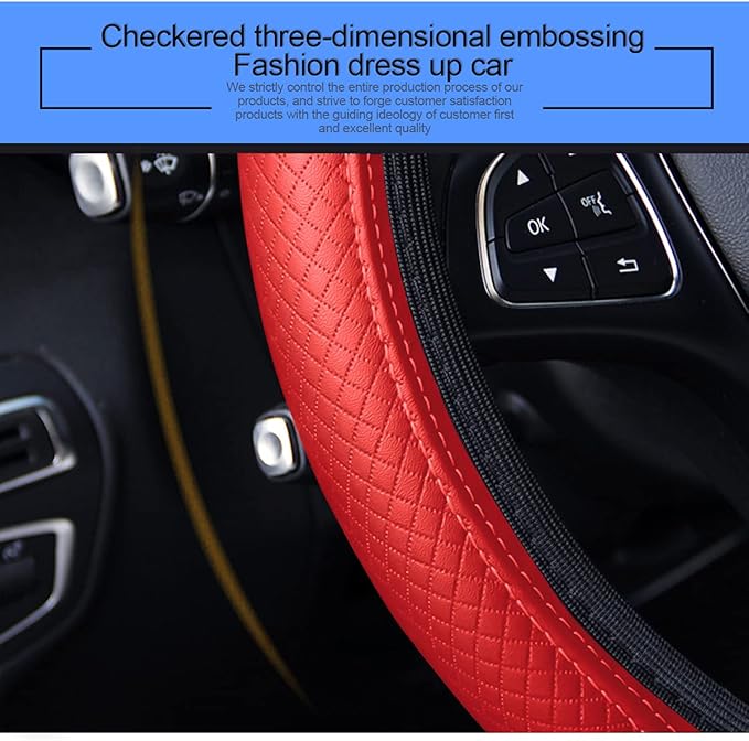 Leather Car Steering Wheel Cover, Elastic, Breathable Anti-Slip, Universal 15 inch, Steering Wheel Cover for Men Women (Red)