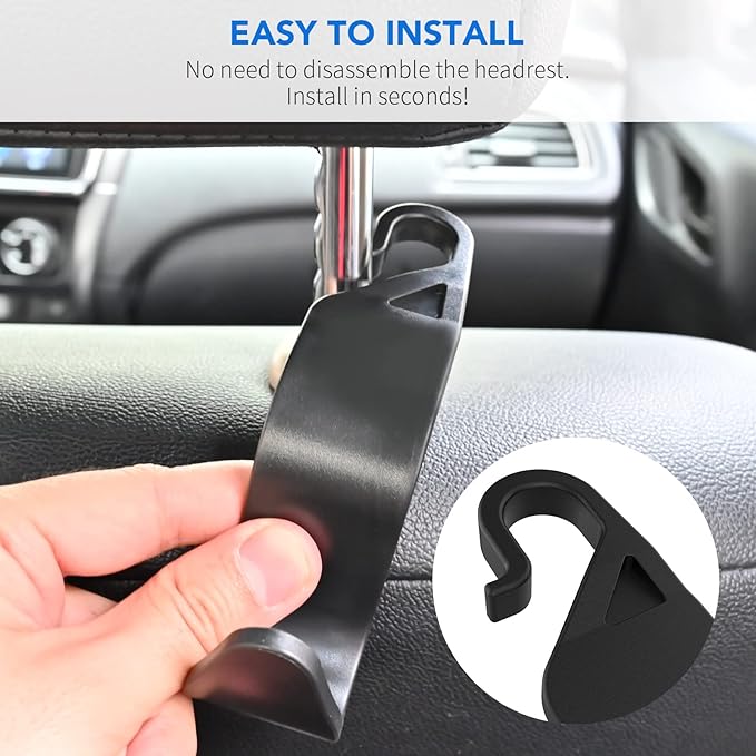 Car Seat Headrest Hook, Universal Car Storage Headrest Hanger Holder Hooks Organizer, Vehicle Strong and Durable Backseat Hanger Interior Accessories for Handbag Purse Coat 4 Pack Black