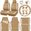 CAR PASS Cow Print Faux Leather Car Seat Covers & Cow Car Mats & Cow Steering Wheel Cover Seat Belt Pads Universal fit for SUV,Van,Saden,Truck Cute Car Accessories Automobile Interior Sets All Beige