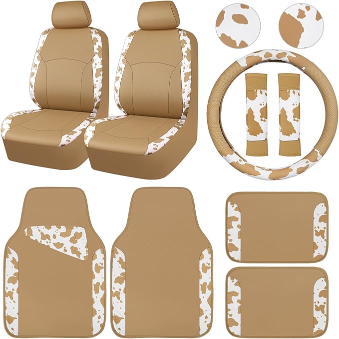 CAR PASS Cow Print Faux Leather Car Seat Covers & Cow Car Mats & Cow Steering Wheel Cover Seat Belt Pads Universal fit for SUV,Van,Saden,Truck Cute Car Accessories Automobile Interior Sets All Beige