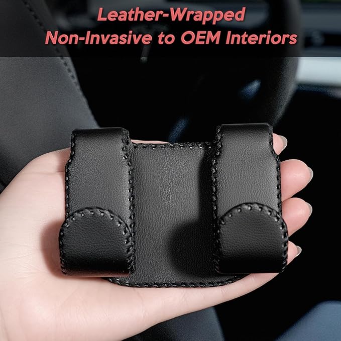 Car Seat Hooks for Tesla Model Y(Juniper) Model 3(Highland), Leather-Wrapped with Stainless Steel Core & Handmade Stitching, Purse Hanger Bag Holder, Automotive Seat Back Organizers (Black-2 Pack)