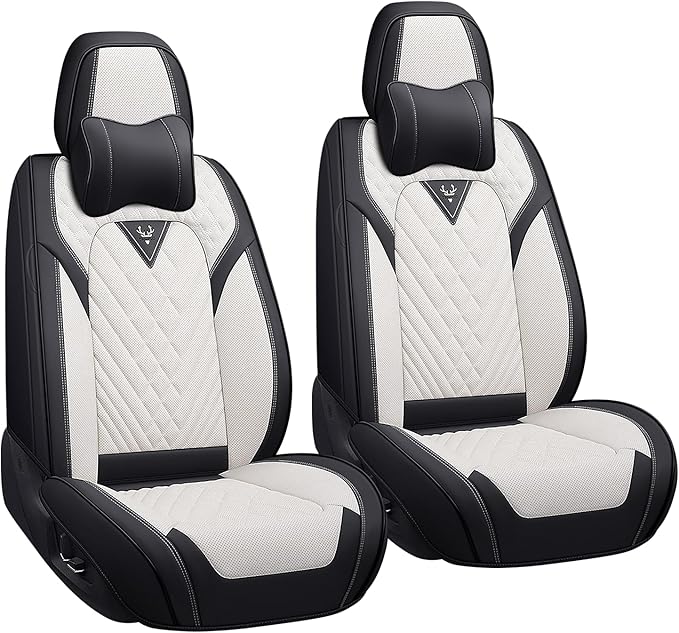 LPDK Fit for Kia Sportage Car Seat Covers Front Set 2pcs with Waterproof Leather,Lumbar Muscle Pain Healing Function,Airbag Compatible Automotive Breathable Seat Protectors(Black White with Pillow)