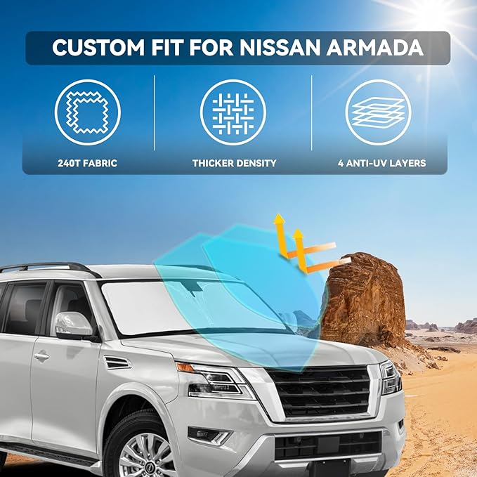 for Nissan Armada 2017-2024 2025 Windshield Sun Shade - 4 Layers Car Sunshades for Front Windows Shade Cover Custom for Armada Sun Visor 240T Retractable Shade Blocks UV Rays Car Accessories