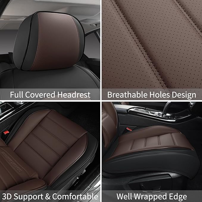 COVER EMPIRE Front Car Seat Covers, 2Pcs Universal Leather Car Seat Covers, Full Coverage Waterproof Automotive Seat Covers, Breathable Car Seat Protector for Most Trucks SUVs Sedans, Black&Brown