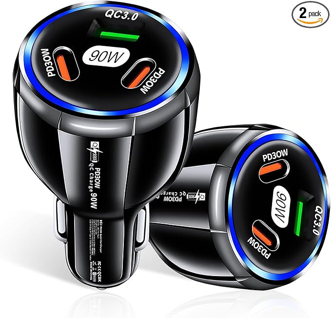 Amiss Car Charger Adapter, 3 Port USB-C & USB-A 90W Fast Charger, Car Interior Accessories, Cigarette Lighter Fit for iPhone 17/16/15/14Pro Max, Samsung Galaxy S25 / S24 iPad, Pixel, Android-Black 2pc