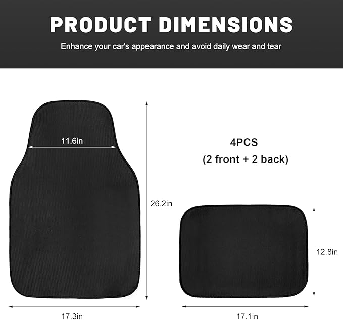 4PCS Car Floor Mats, Waterproof Auto Front & Rear Carpet Mat with Anti-Slip Backing, Stylish Vehicle Rug Floor Mats Universal Interior Accessories for All Weather Protection (Black)