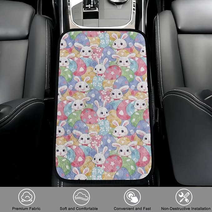 Bulopur Cute Easter Bunny Center Console Cover Easy to Install Car Armrest Cushion Flannel Protector Protect from Pet Claws Thickened Universal Fit for Vehicles,Cars,Suvs,Vans,Sedans