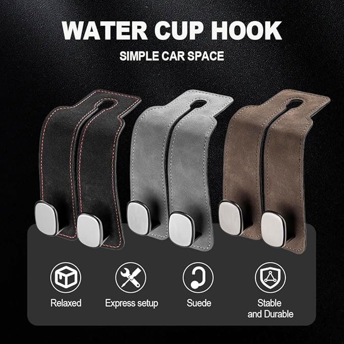 2026 New 2 in 1 Car Seat Back Storage Hook, Car Backseat Organizer Accessories, Premium Leather Headrest Hook for Auto Hooks Organizer for Handbag Purse Coat Bags (1, Black)