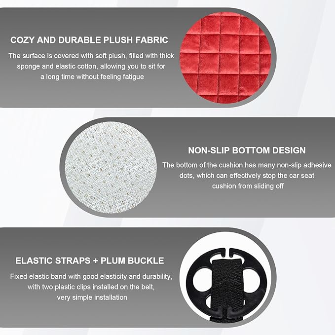 Car Seat Cushion, Soft Plush Auto Seat Cover with Non-Slip Silicone Bottom & Storage Pocket, Universal Breathable Vehicle Seat Cushion Pad for Car Truck SUV, Car Accessories (Red)