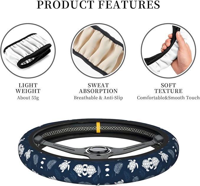 Cute Turtle Car Steering Wheel Cover, 15 Inch Steering Wheel Cover Stylish Decor for Most Cars