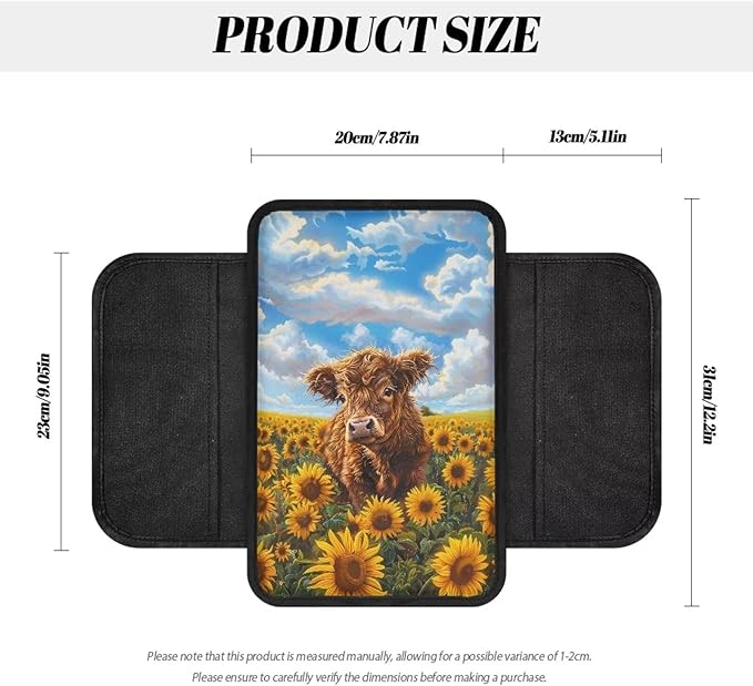 Dreaweet Highland Cow Car Accessories Center Console Cover Armrest Cover for Car Center Console Cushion Pad Car Armrest Seat Box Cover Protector with 2 Storage Pockets