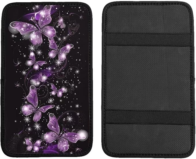 Car Auto Center Console Pad Purple Butterfly Print Universal Armrest Seat Box Cover Glitter Star Car Interior Accessories Polyester Auto Armrest Cover Protector for Most Vehicle, SUV, Truck