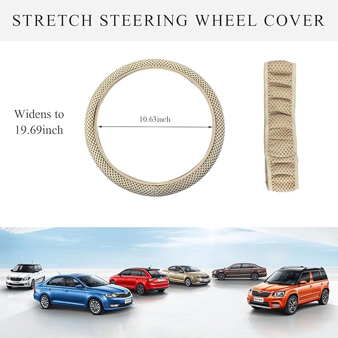 Elastic Steering Wheel Cover, 15"×15" Comfy Breathable Stretch Steering Wheel Protector, Ice-Silk Cloth Polyester Steering Wheel Cover for Men Women, Car Accessories (Beige)