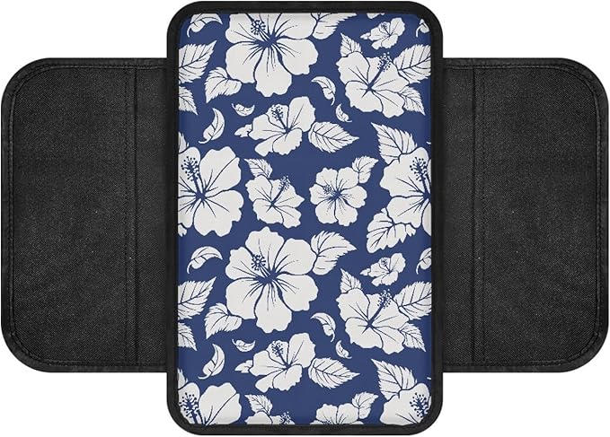 CLOHOMIN Blue Hibiscus Car Center Console Armrest Pad with 2 Pockets Fashion Auto Armrest Pad for Truck SUV Car Interior Decor Accessories Automobile Center Console Cushion Pad
