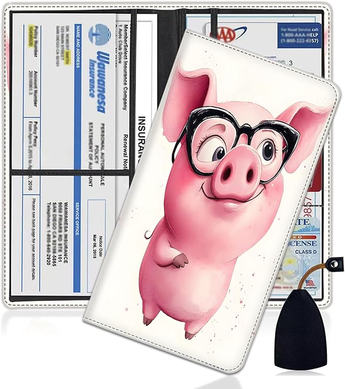 Car Document Holder with Magnetic Shut, Car Registration and Insurance Card Holder, Vehicle Glove Box Organizer Documents, Driver License, Auto Paperwork Organizer Wallet, Pink Cute Pig Pattern