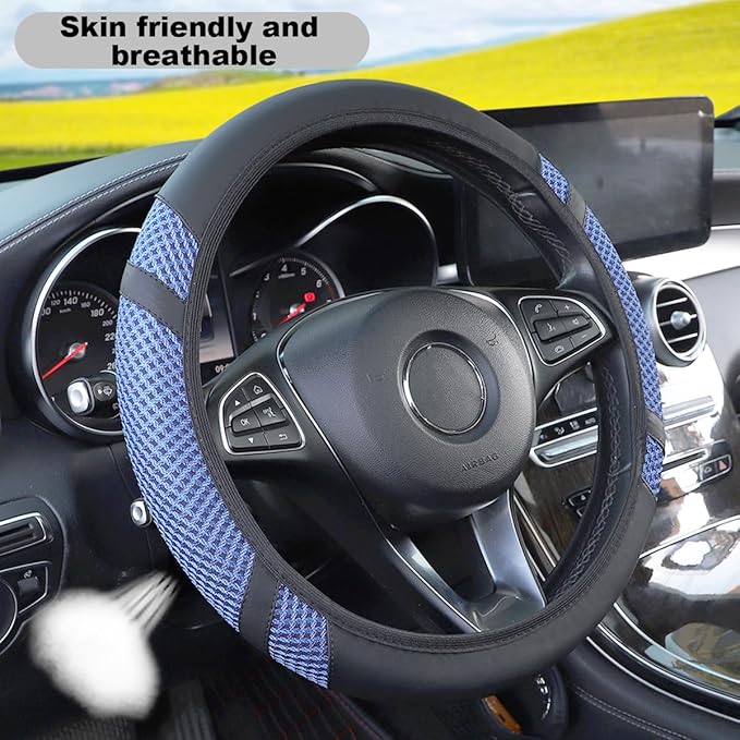 Zipelo Elastic Stretch Car Steering Wheel Cover, Leather Breathable Vehicle Steer Wheel Protective Guard, Anti-Slip Automotive Steer Wheel Protector Accessories, Universal for Most Cars (Blue)