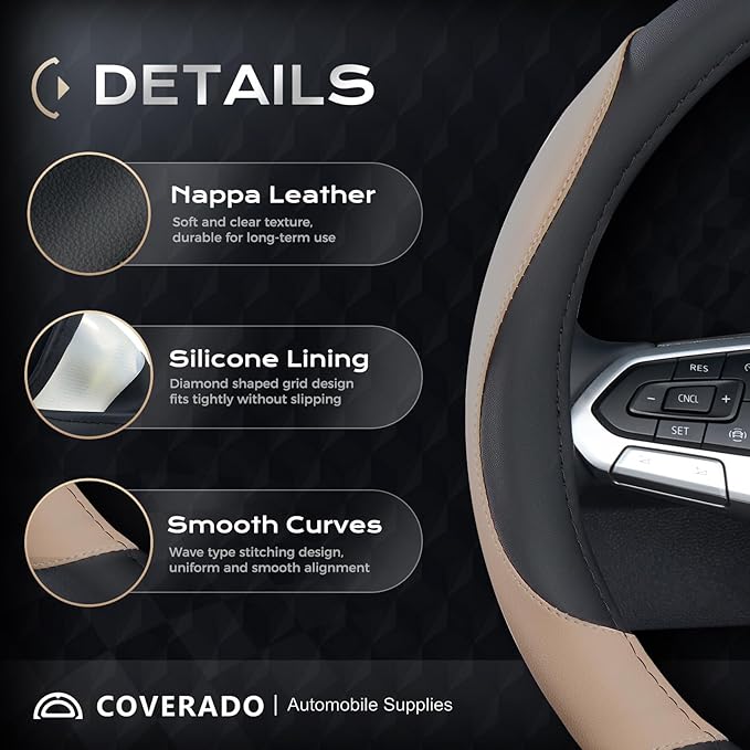 Coverado Car Steering Wheel Cover, Nappa Leather Black & Brown Steering Wheel Covers, Universal 14-15 inch, Anti-Slip, Breathable Steering Wheel Protector for Women Men