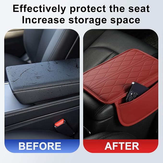 Car Center Console Cover, Leather Vehicle Armrest Seat Box Pad Cushion with 2 Storage Bags, Automotive Interior Arm Rest Protector Accessories, Universal for SUV, Sedan, Truck (Wine Red)