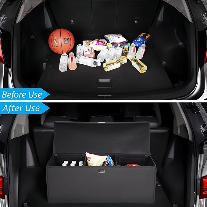 Venotxvi Trunk Organizer for Car With Lid,Foldable Trunk Organizer for SUVs & Sedans,Multi-Functional Leather Storage Box- Black - Large
