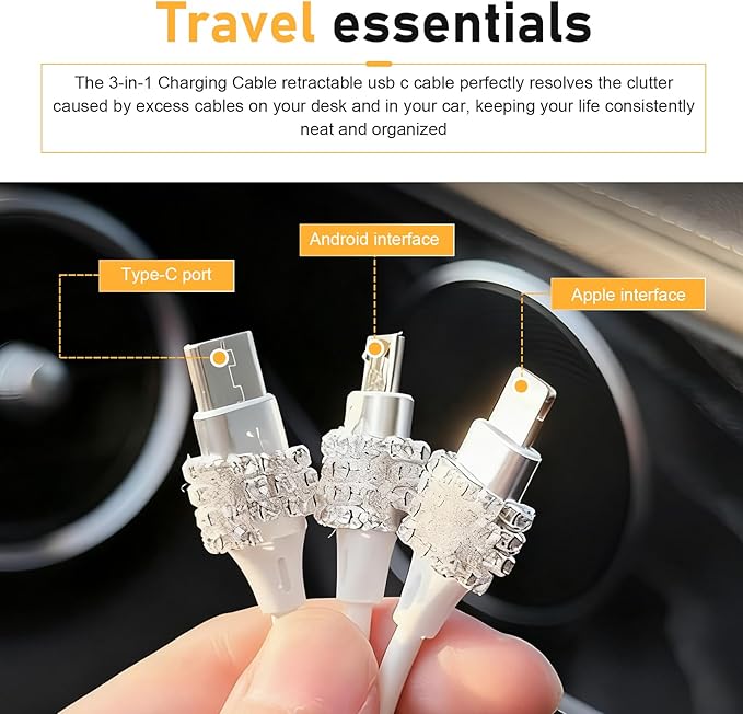 Car Retractable Multi Charging Cable, 3 in 1 Fast Charger Cord, Camellia Patterned/Heart-shaped Diamond-studded Car Charger Cable, Stylish for Women, Compatible with Phone, Tablets (White)