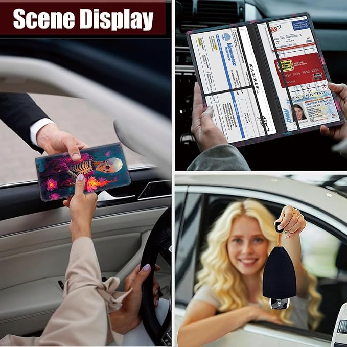 Car Document Holder with Magnetic Shut, Car Registration and Insurance Card Holder, Vehicle Glove Box Organizer Documents, Driver License, Auto Paperwork Organizer Wallet, Skeleton Holding Lotus