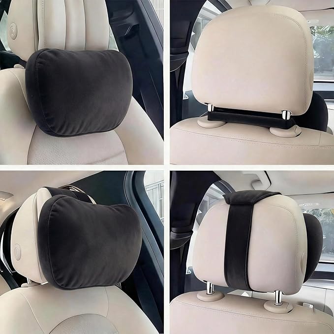 2PCS Car Pillow for Car Neck Pillow for Driving Seat Leather Neck Support Soft Cushion Back Support Head-Rests for Vehicle Sleeping with Elastic Adjustment Strap (Black, Head and Lumbar)