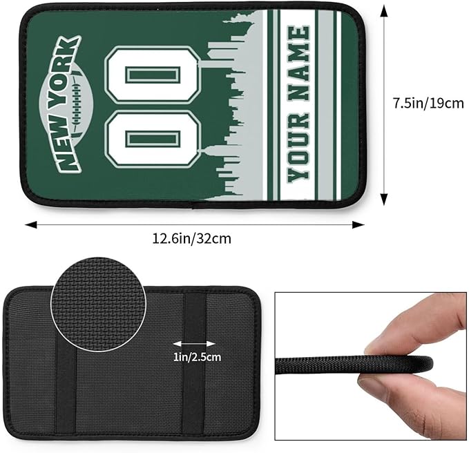 Custom New York J Car Armrest Covers Personalized Football Style with Name Number Customized Auto Center Console Pad Car Handrail Box Cushion for Most Vehicle Decor Accessories, Fans Gift