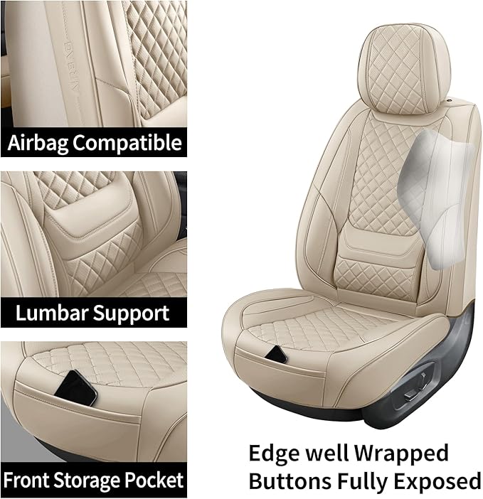 hoozoom Leather Car Seat Covers Full Set Breathable Automotive Seat Covers Waterproof Seat Protectors Universal Fit for Most Automotive Cars SUV Trucks Van (Beige, Full Set)