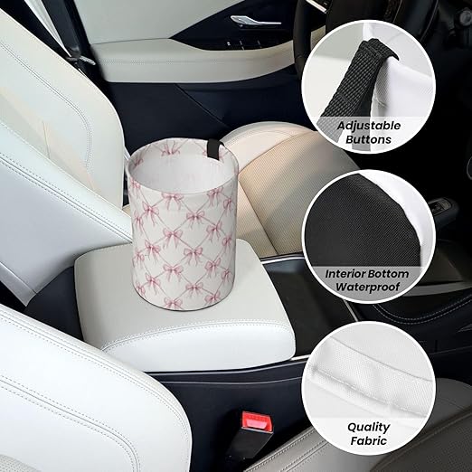 Pink Ribbon Bow Car Trash Can Leak-Proof Waterproof Hanging Trash Bin Collapsible Garbage Can for Car Accessories Travelling Camping