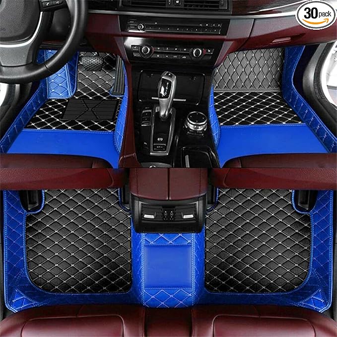 Custom Luxury Leather Car Floor Mats Upgrade Your Car's Interior All-Weather Protection for Cars, SUVs, Trucks Compatible with Automotive Mats (Blue+Black Beige)