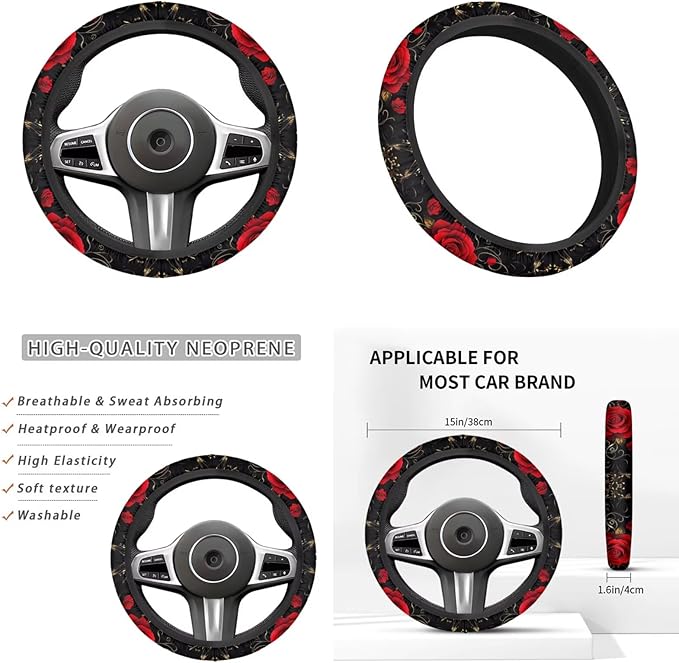 Flower Print Car Decor Set for Women Girls Red Rose Steering Wheel Cover Cup Holder Handbrake Gear Cover Car Interior Accessories -6pcs