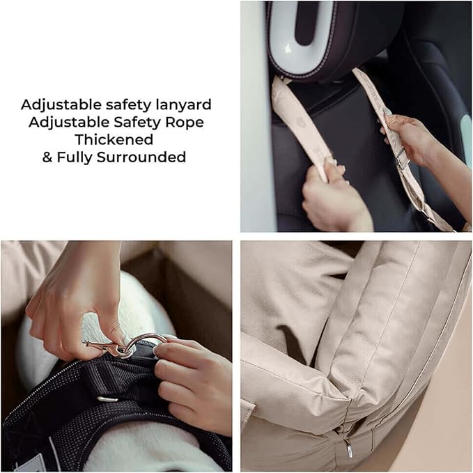 FUNNYFUZZY Leather Dog Car Seat for Small ＆ Medium Sized Dogs Up to 35lbs, Waterproof and Washable Dog Booster Seat Car Bed for Travel and Home,Portable and Safety(Beige)