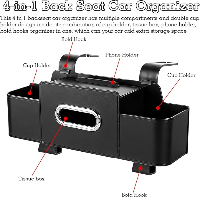 SADIFOKPLY 4-in-1 Back Seat Car Organizer, Upgraded Multifunctional Car Storage Box, Hanging Back Seat Storage Organizer, Partition Design, with Phone Holder, Tissue Box, 2 Cup Holders, 2 Hooks