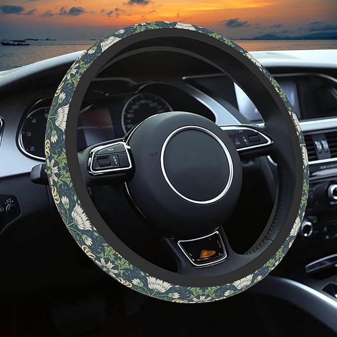 Green Flowers Plants Steering Wheel Cover, Cute Print Steering Wheel Cover Protector, Personalized Pattern Design, Car Accessories for Women, for Steering Wheel with a Diameter of 14.5"-15"