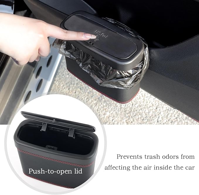 Car Trash Can with Lid,Leather Car Trash Bin with 30 Car Trash Bag,Hanging Leakproof Car Garbage Can,Multi-Purpose Car Organization for Women Car Accessories Fit Cars SUV RV (Big)