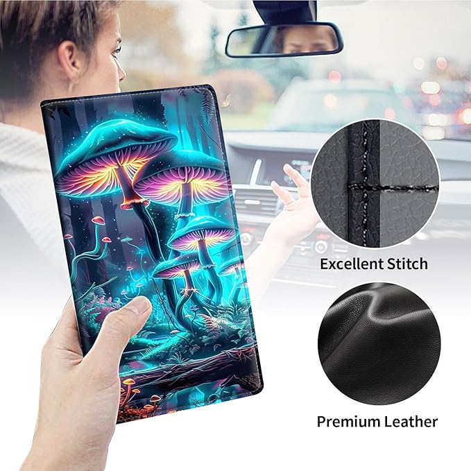 Qindaiwen Car Registration and Insurance Holder, Vehicle Card Document Elastic Band Closure Glove Box Organizer, Driver License Cards, Car Accessories for Essential Info, Colourful Mushroom 02