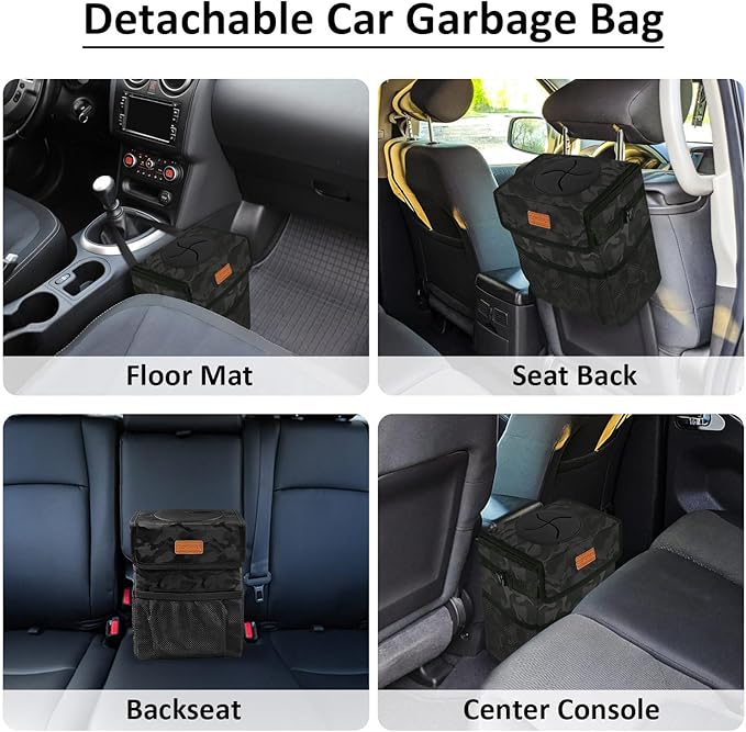 ELONGRIVER Car Trash Can Bin for Back Seat Leak Proof, Cute Car Trash Bag Hanging, Vehicle Trash Can for SUV Truck Van, Automotive Garbage Cans Front Seat Camo Black