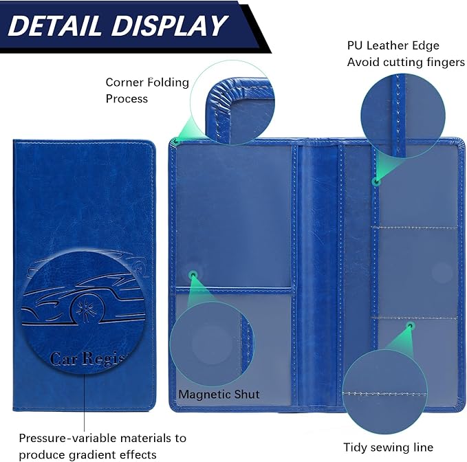 Peisicne Car Registration and Insurance Card Holder for Women Men, Dark Blue Glove Box Paperwork Organizer with Magnetic Buckle for Easy Access and Protect Documents and Various Cards in Vehicle