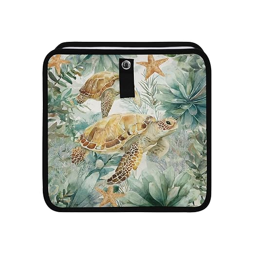 Car Trash Can Organizer Bin with Adjustable Strap for Back Front Seat Console Waterproof Leakproof Collapsible Portable 11 Inch Sea Turtle Starfish Plants