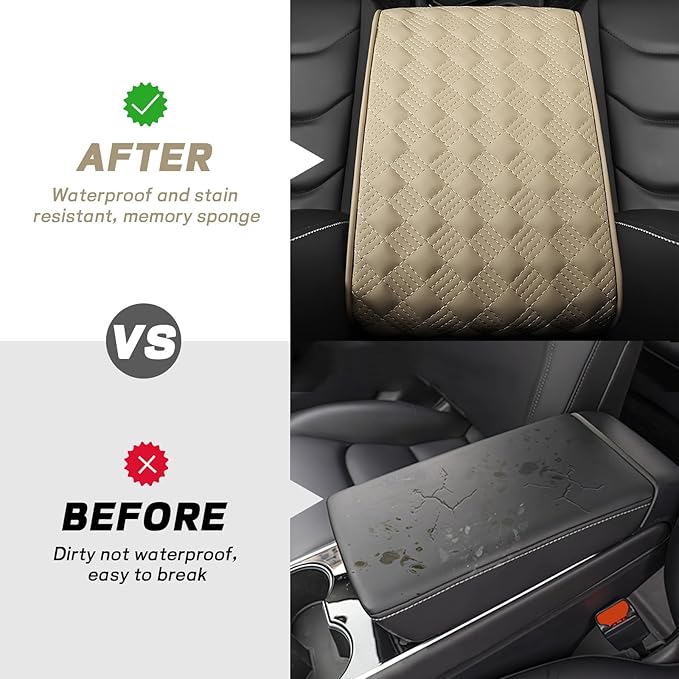 Hbxdeco Car Armrest Cushion, 12.2"×8.3" Leather Auto Memory Foam Center Console Pad with Storage Pocket, Waterproof & Anti-Scratch Elbow Pillow Armrest Seat Box Protector, Universal Fit (Beige)
