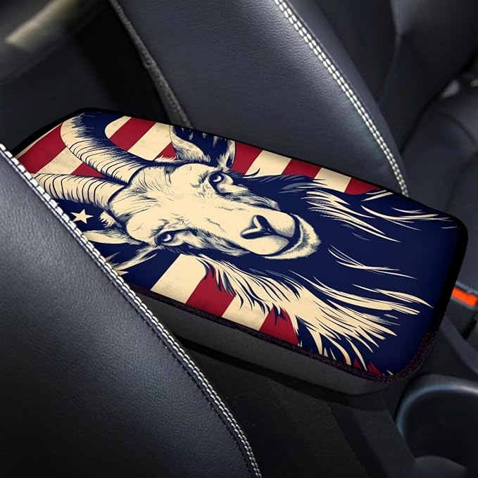 Car Center Console Pad, Universal Waterproof Car Armrest Seat Box Cover, Car Interior Accessories for Most Vehicle SUV Truck Vintage American Flag Goat Car Armrest Pad