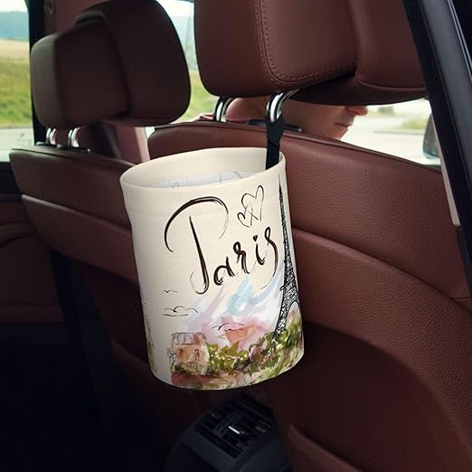 The Famous Paris Eiffel Tower Car Trash Can Leak Proof Hanging Waterproof Garbage Can Multipurpose Trash Bin for Car SUV Front Seat Headrest Collapsible and Portable Storage Pocket