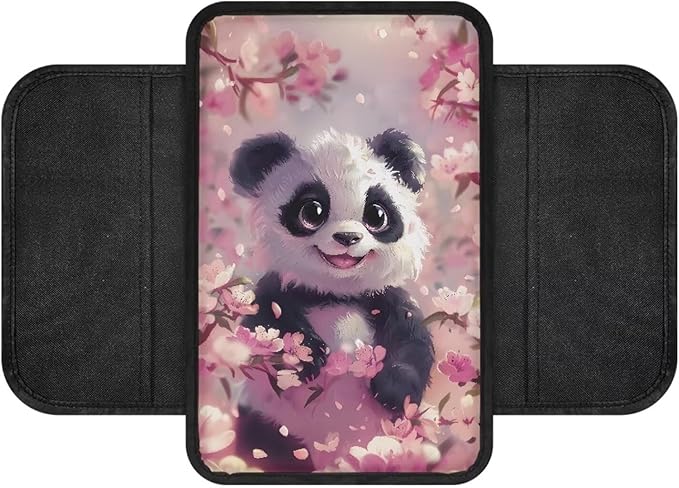 BIGCARJOB Cute Panda Armrest Cover wor Cars Pink Middle Console Cover Armrest Pad with Pocket Automotive Armrest Cover Cushion with Side Pockets,Universal Fit