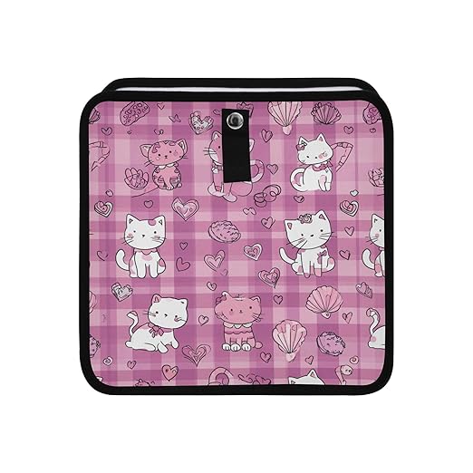 Car Trash Can Organizer Bin with Adjustable Strap for Back Front Seat Console Waterproof Leakproof Collapsible Portable 8.66 Inch Checkered Pink Kittens Hearts Shells