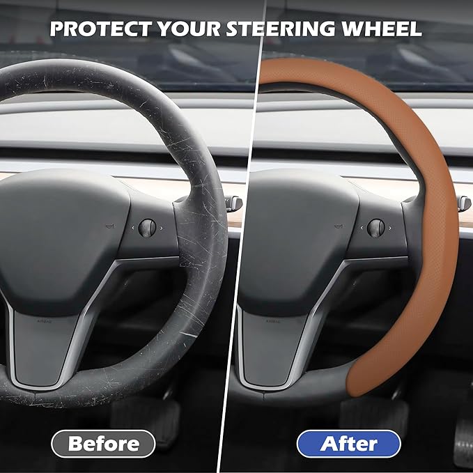 frani Nappa Leather Steering Wheel Cover, Universal 15 Inch Premium Non-Slip Steering Wheel Cover Tan