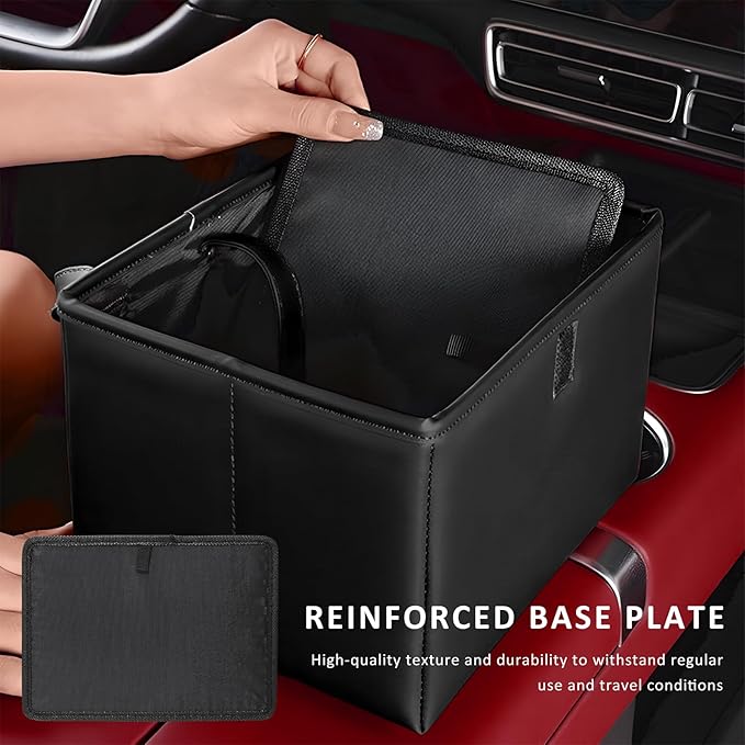 Car Trash Bin, Foldable Leather Auto Rubbish Can with Reinforced Bottom & Trash Bags, Waterproof Hanging Garbage Can Backseat Storage Box for Most Vehicles, Car Accessories (Black)