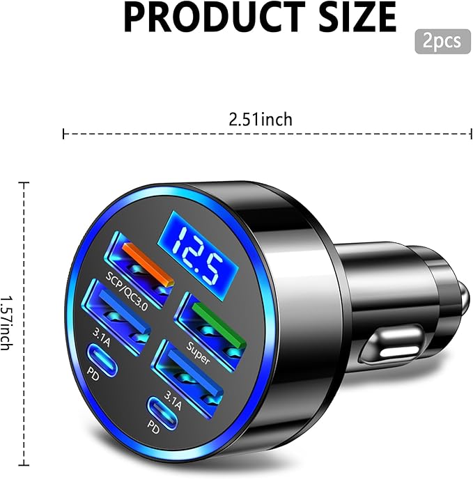 6 Ports Fast Car Charger with Voltage Monitor,Car Cigarette Lighter USB Charger (PD+QC3.0) Compatible with iphone13/14/15 & Most Android Models,Car Must Haves USB C Car Charger (2PCS)