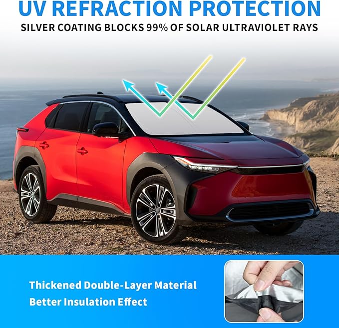 Thickened 2-Layer Front Windshield Sun Shade Compatible for Toyota BZ4X 2023-present, Foldable Custom Fit Sunshade Blocks 99% Heat, Keeps Car Interior Cool (for BZ4X 2023-present)