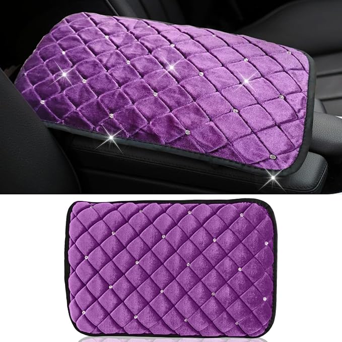 Plush Car Center Console Pad, Bling Diamond Car Armrest Cover, Soft Seat Box Cover Protector, Universal Car Interior Decoration Accessories Fit Most Vehicle, SUV, Truck, Car (Purple)