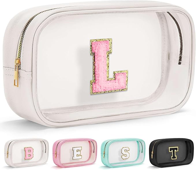 YOOLIFE Initial Makeup Bag Travel Toiletry Bag Clear Makeup Bag Preppy Cosmetic Bag Gifts for Girls Kids Valentines Gifts Birthday Gifts for Girls Kids Birthday Gifts Swim Gifts White L